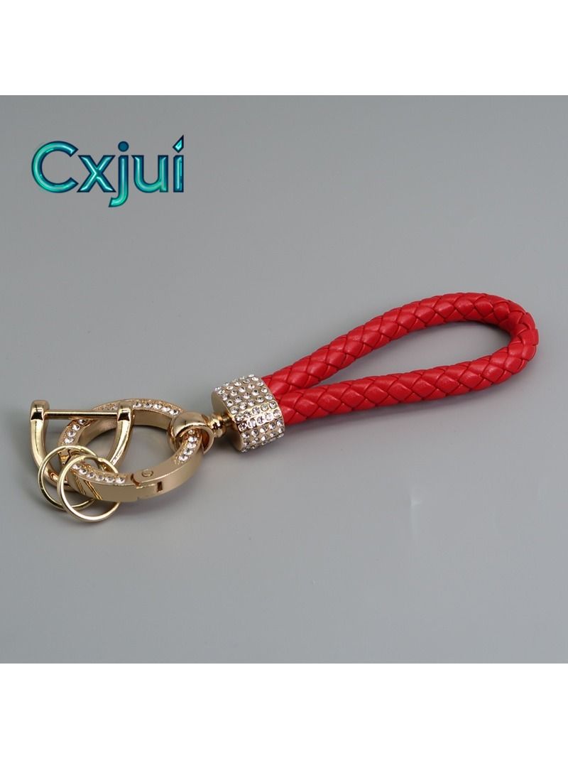 Rhinestone Keychain with PU Braided Strap, Gold & Red, D-Ring Clasp