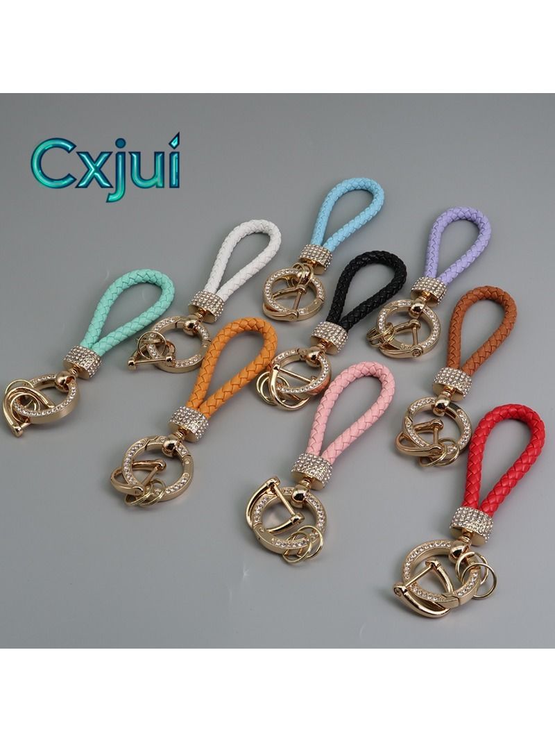 Rhinestone Keychain with PU Braided Strap, Gold & Red, D-Ring Clasp