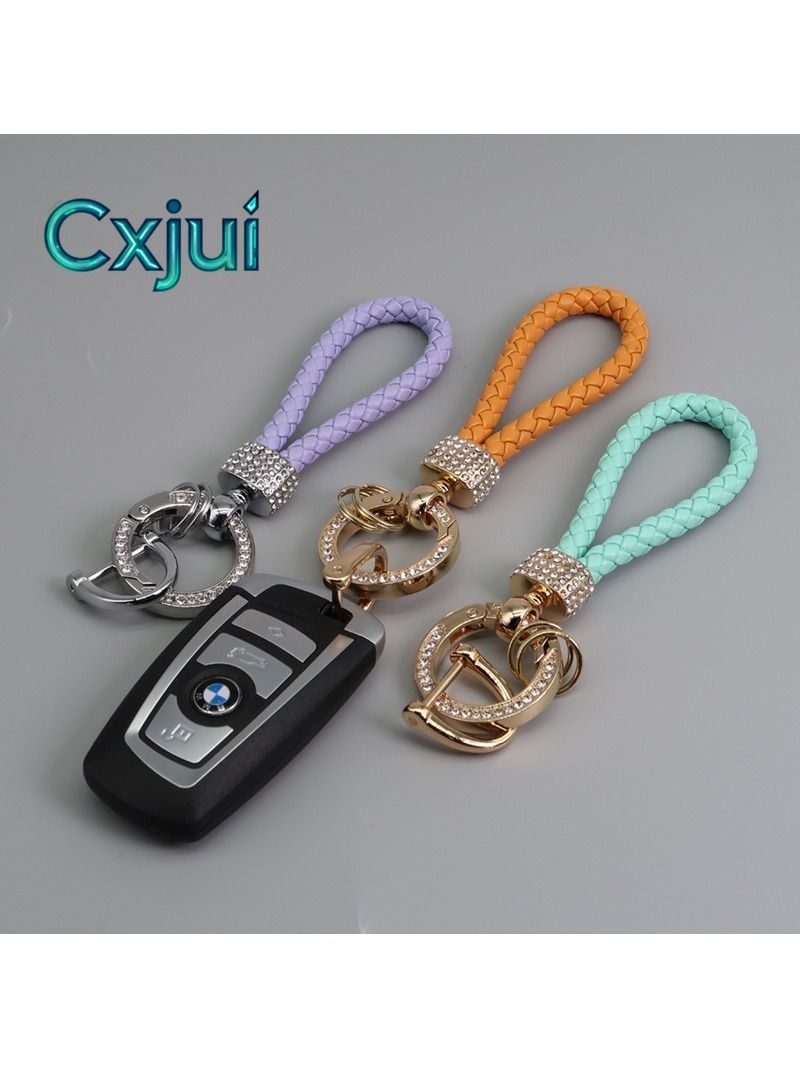 Rhinestone Keychain with PU Braided Strap, Gold & Red, D-Ring Clasp
