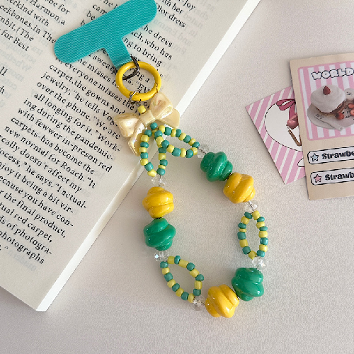 Cute Contrast Beaded Phone Chain with Bow Charm