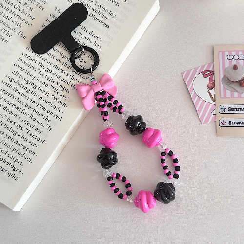 Cute Contrast Beaded Phone Chain with Bow Charm